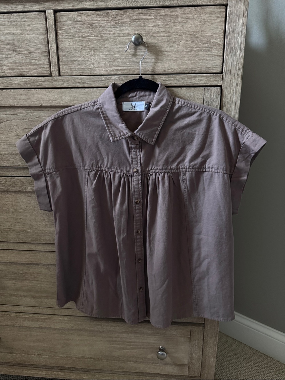 Soft Brown Button-Front Short Sleeve Top